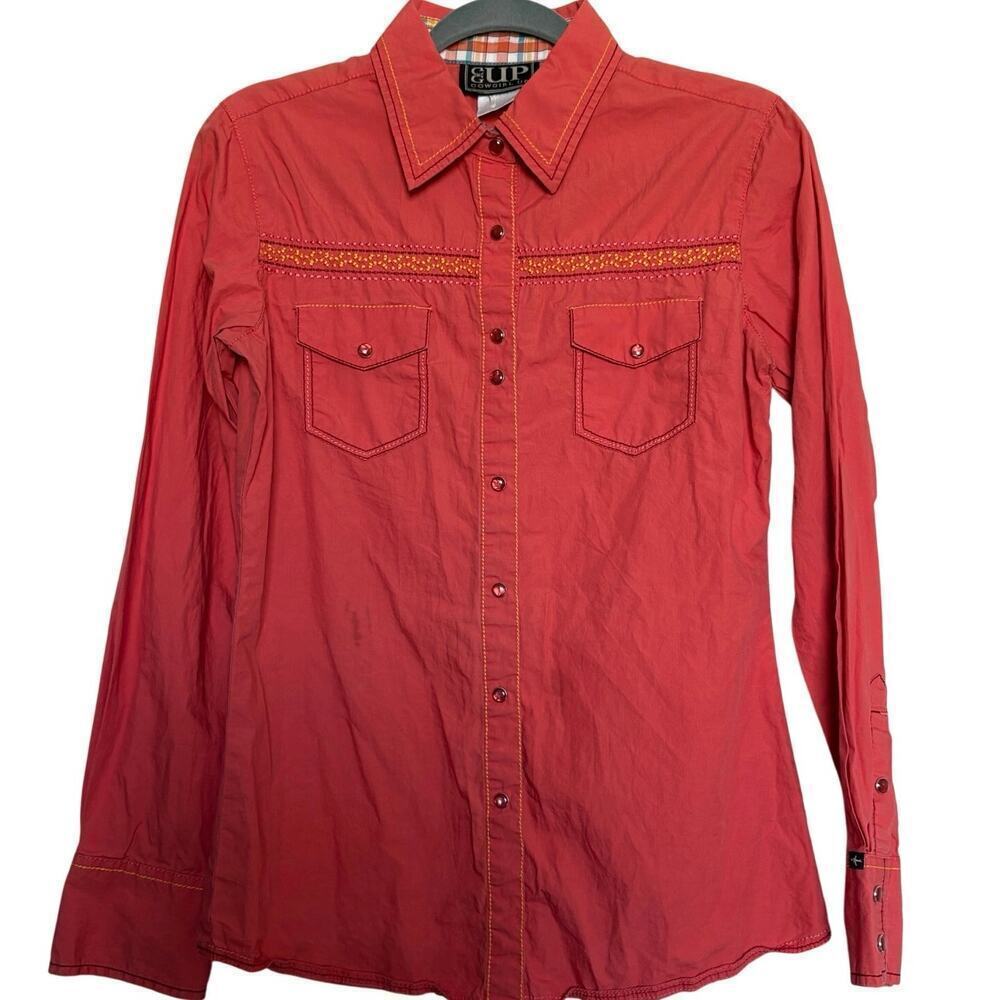 CowgirlUp Vintage Embroidered Western Snap Orange Coastal Cowgirl Rodeo M  FLAW